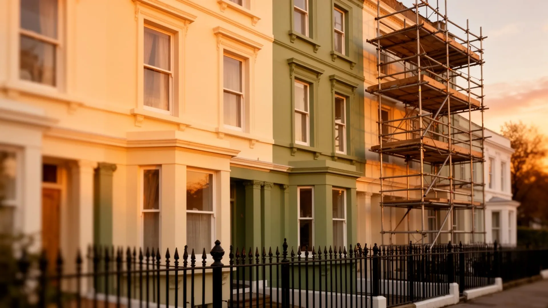 Newly completed slate roof on a Victorian terrace at golden hour
